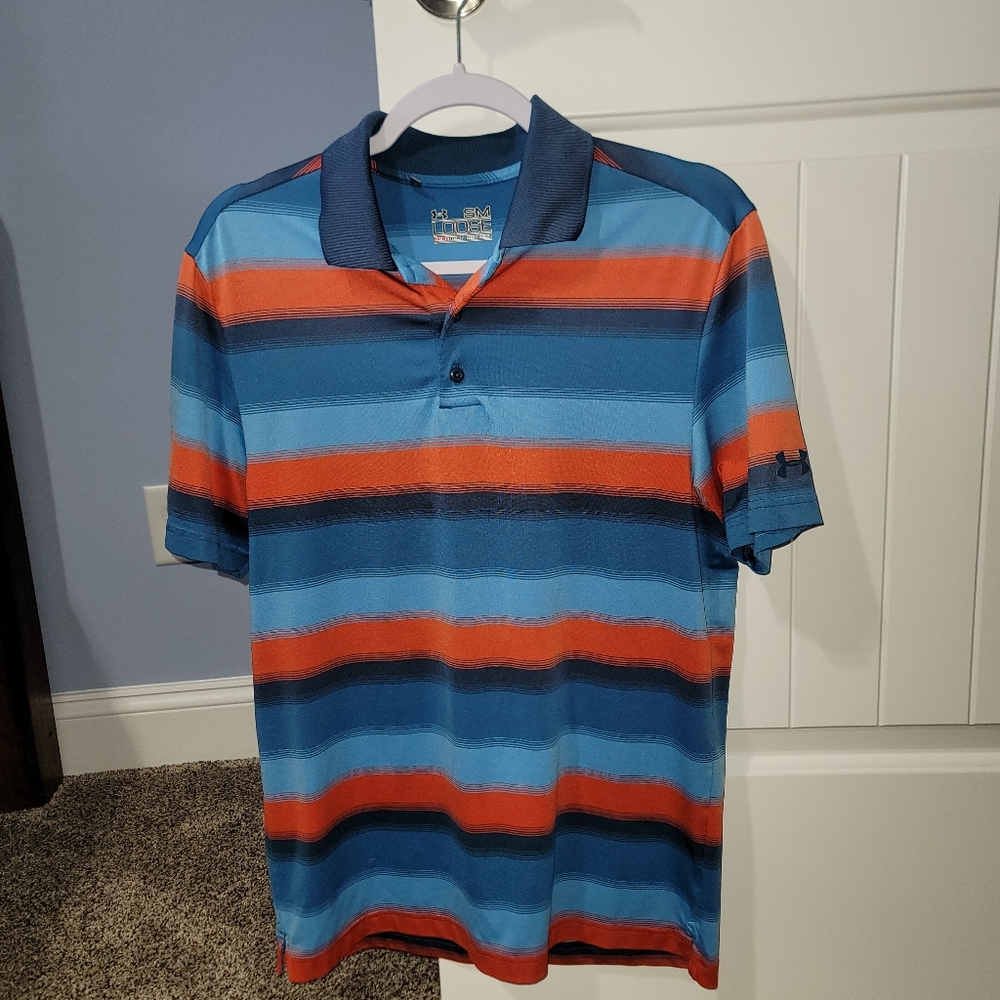 Mens Small Under Armour polo collared shirt orange/blue